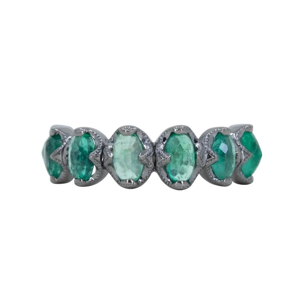 8-stone Antiqued Zambian Emerald Ring in blackened 14k White Gold