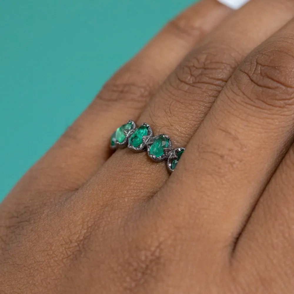 8-stone Antiqued Zambian Emerald Ring in blackened 14k White Gold