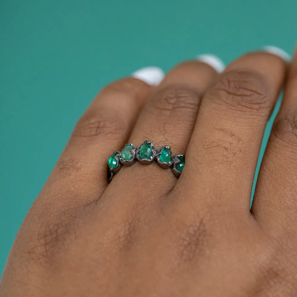 8-stone Antiqued Zambian Emerald Ring in blackened 14k White Gold