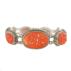 Art Deco Sterling Carved Coral Floral Link Bracelet