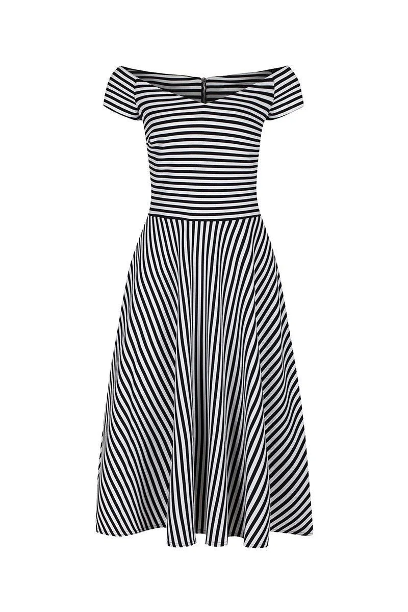 Black and White Vintage Striped Cap Sleeve Swing Dress