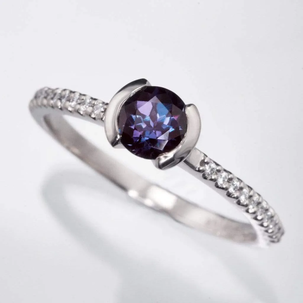 Chatham Alexandrite Half Bezel Diamond Pave Engagement Ring