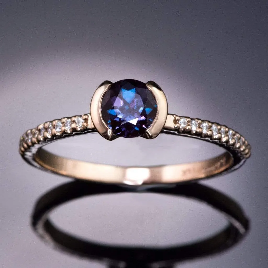 Chatham Alexandrite Half Bezel Diamond Pave Engagement Ring