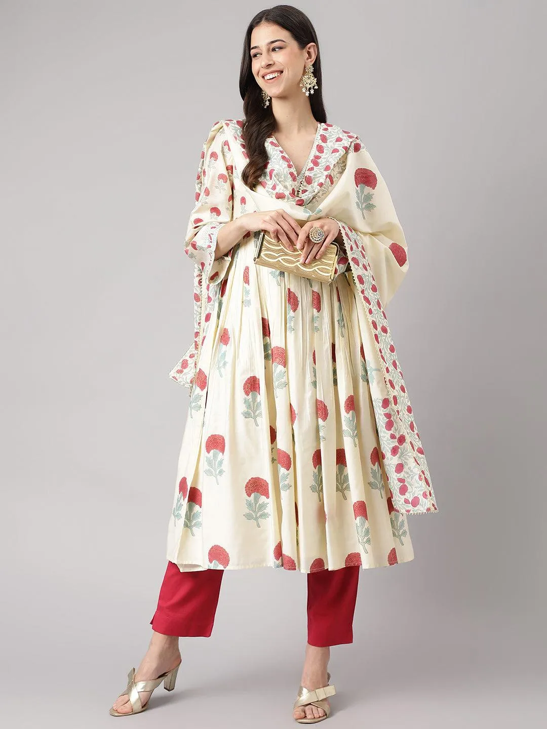 Divena Cream Chanderi Floral Anarkali Kurta Pant Set with Dupatta