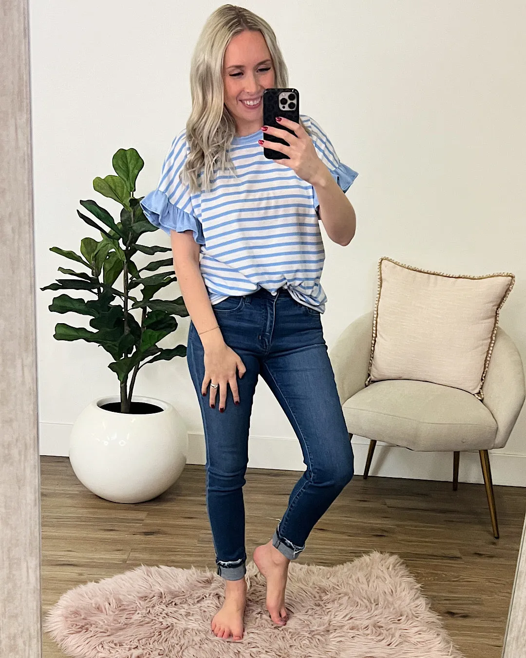 Elizabeth Striped Ruffle Sleeve Top - Blue