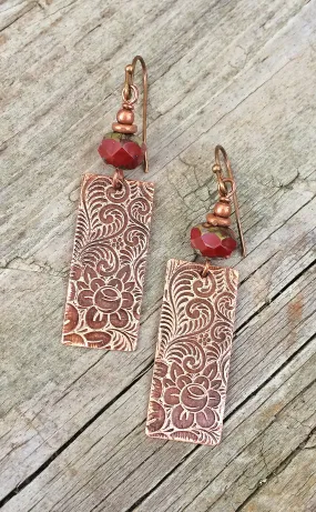 Floral Copper Etched Earrings with Red Czech Glass