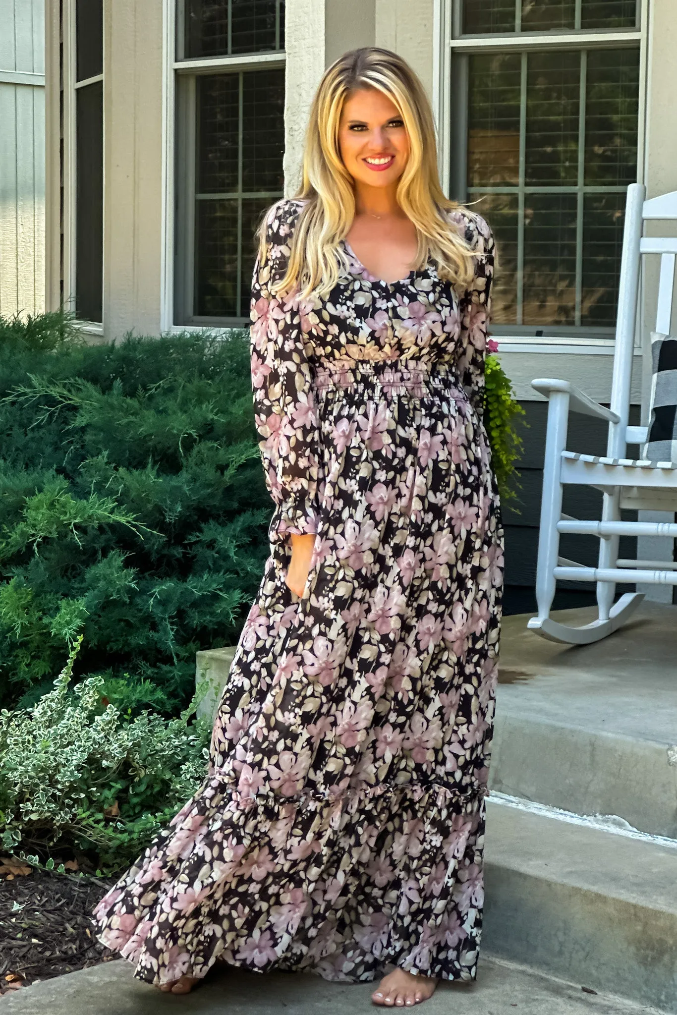 Follow Me Floral Smocked Waist Maxi Dress : Black/Mauve