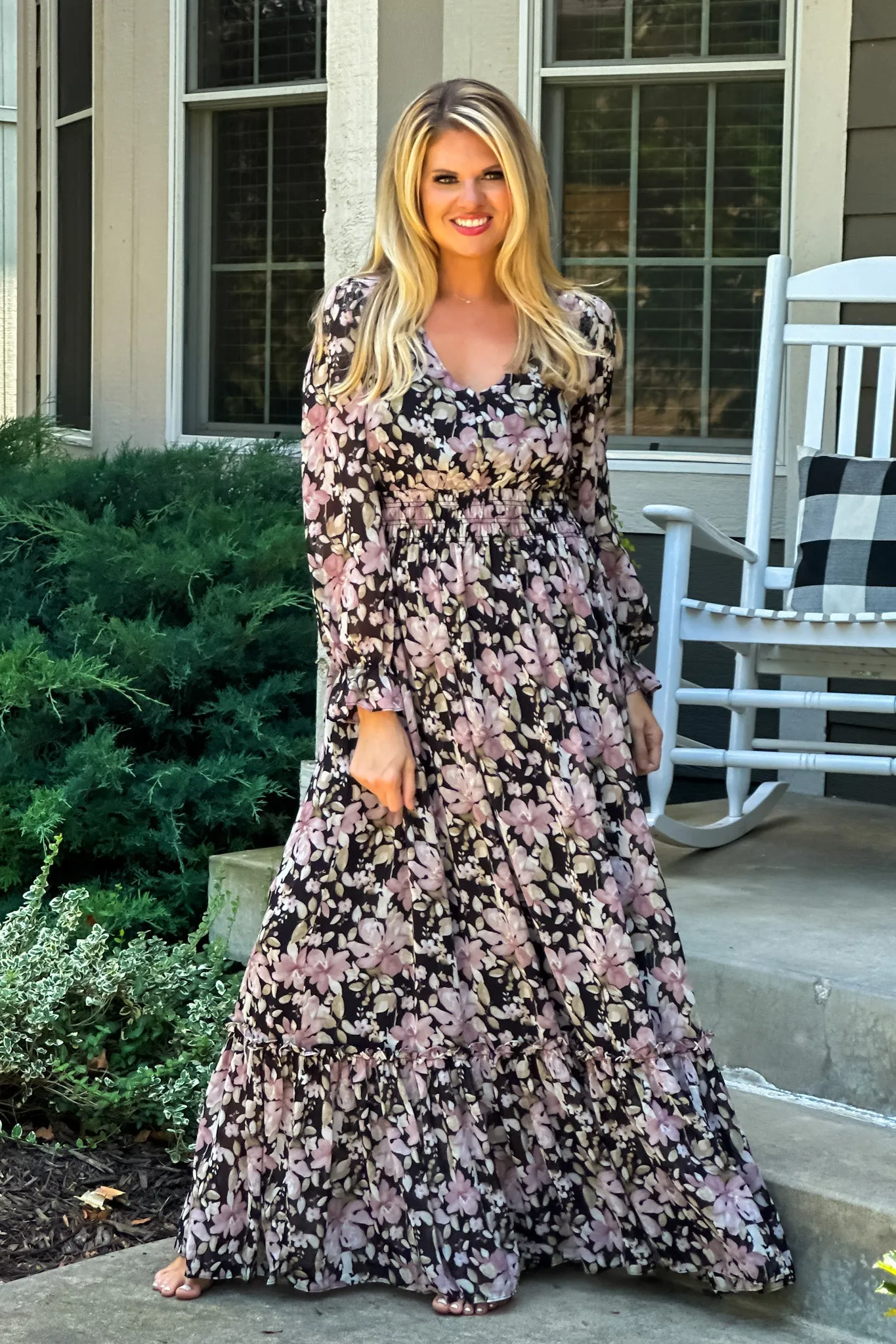 Follow Me Floral Smocked Waist Maxi Dress : Black/Mauve