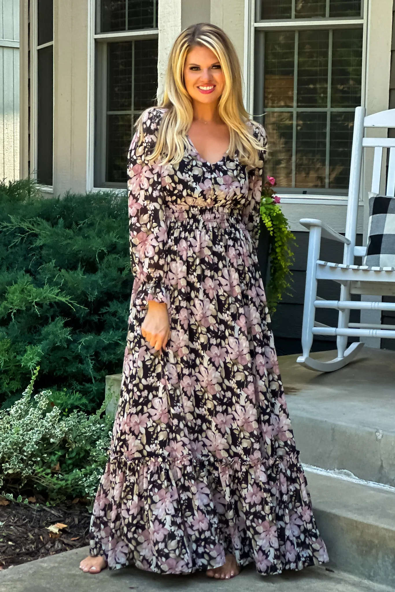 Follow Me Floral Smocked Waist Maxi Dress : Black/Mauve