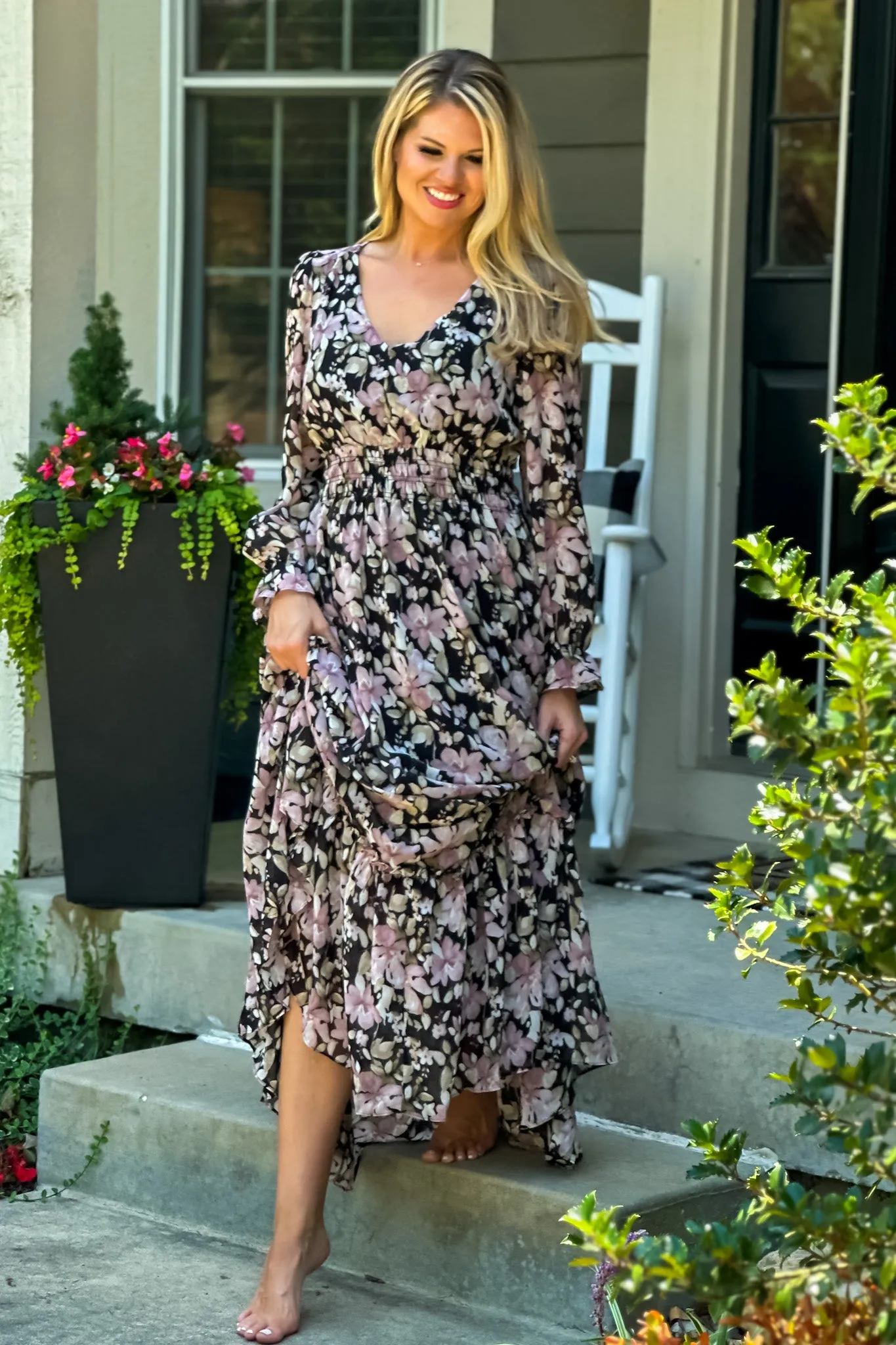 Follow Me Floral Smocked Waist Maxi Dress : Black/Mauve