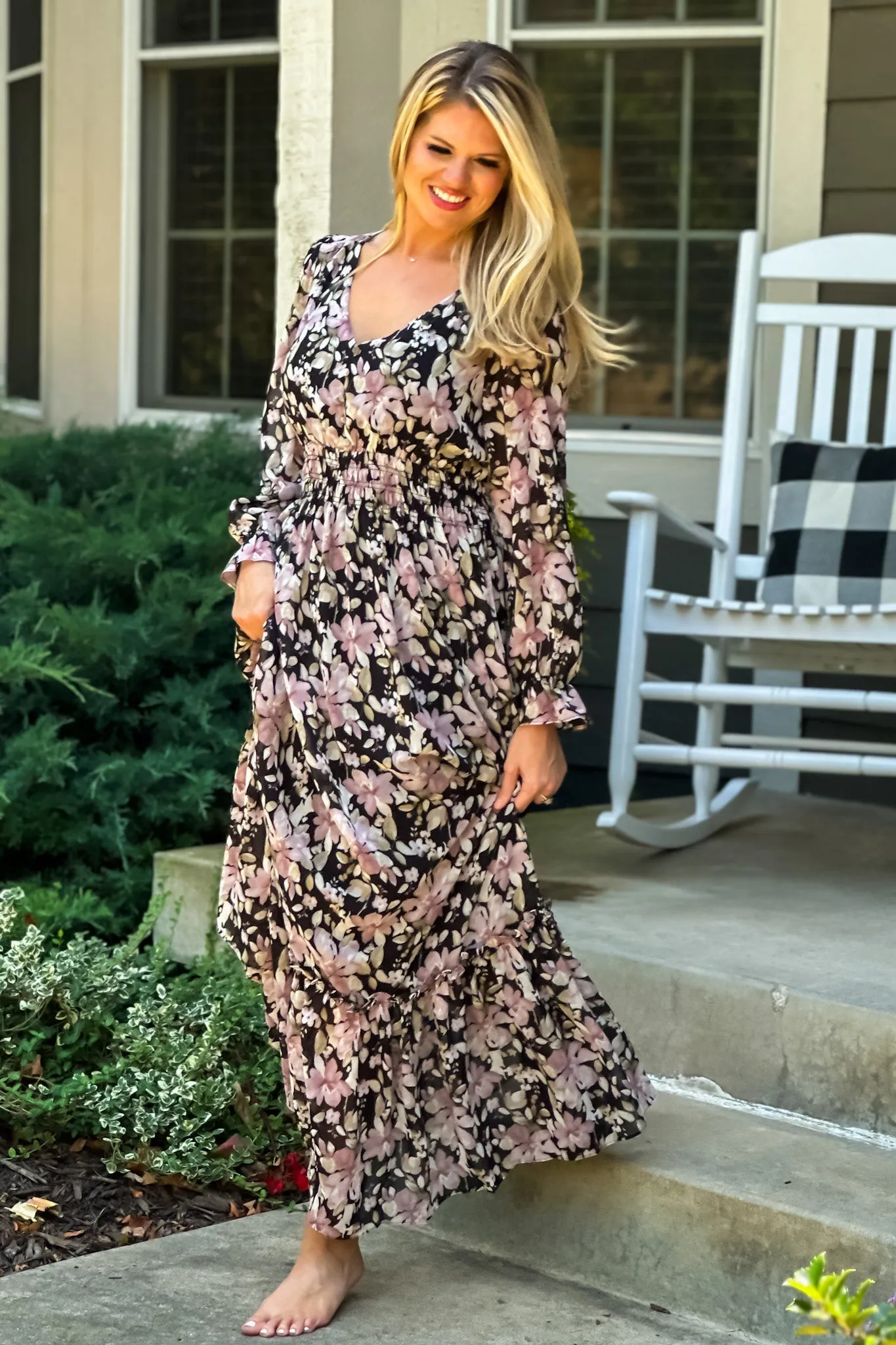 Follow Me Floral Smocked Waist Maxi Dress : Black/Mauve