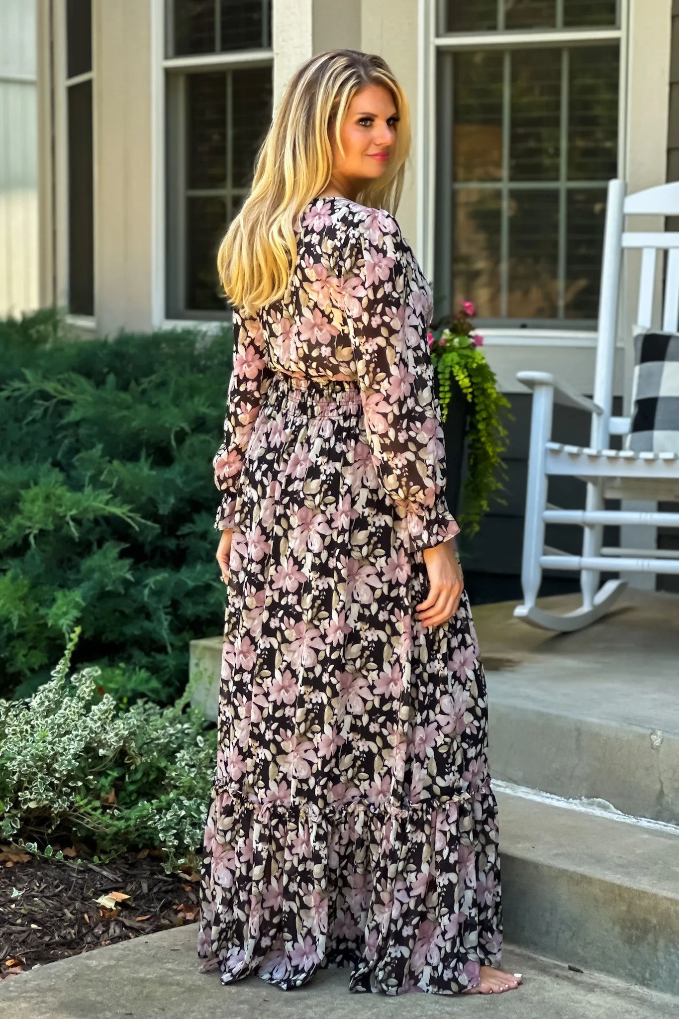 Follow Me Floral Smocked Waist Maxi Dress : Black/Mauve