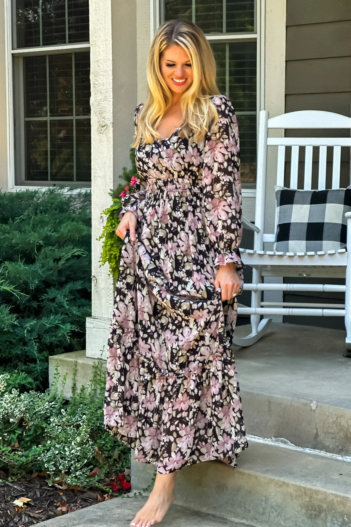 Follow Me Floral Smocked Waist Maxi Dress : Black/Mauve