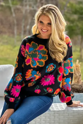 Get Happy Floral Bubble Sleeve Sweater : Black/Multi