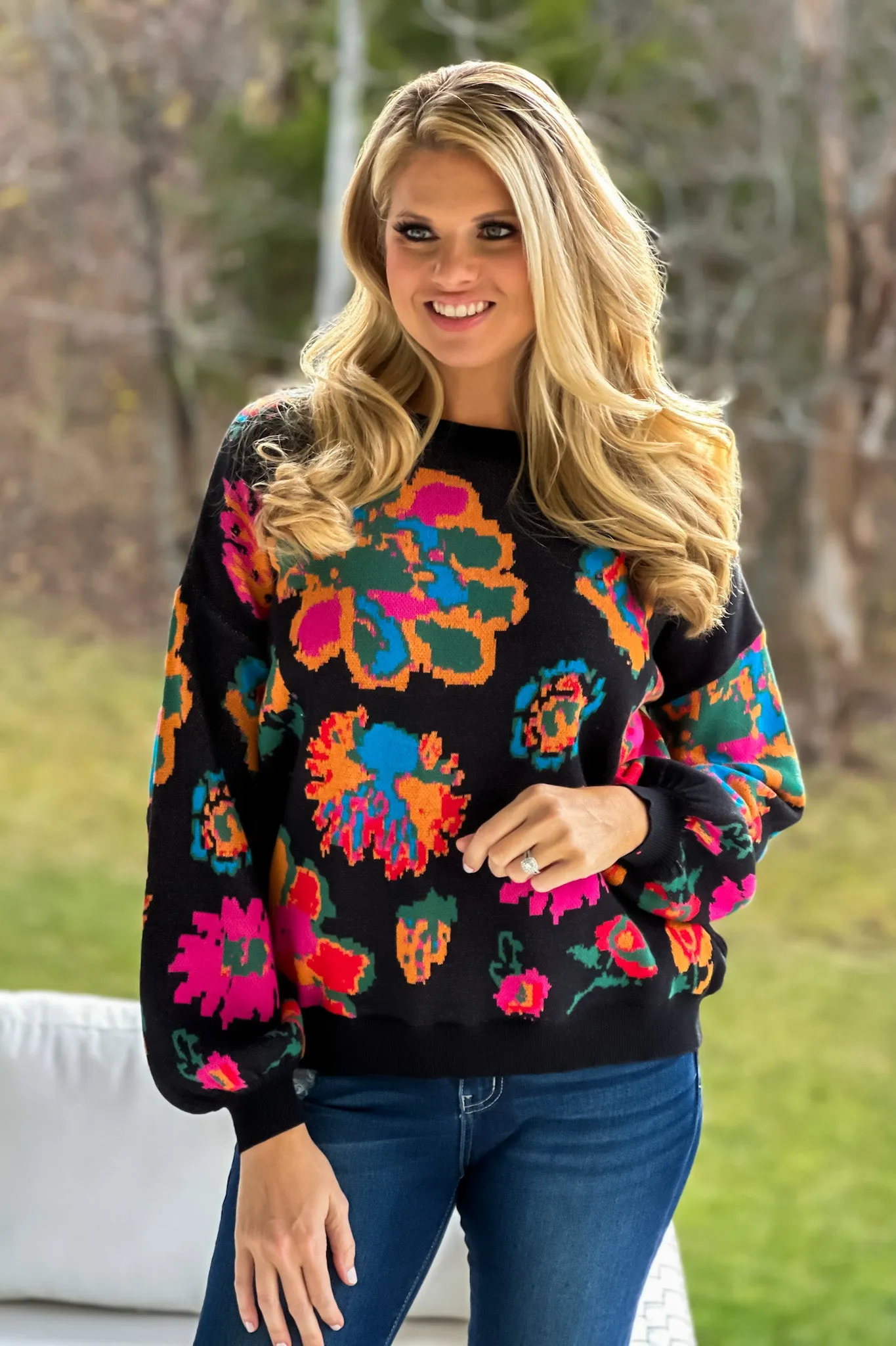 Get Happy Floral Bubble Sleeve Sweater : Black/Multi