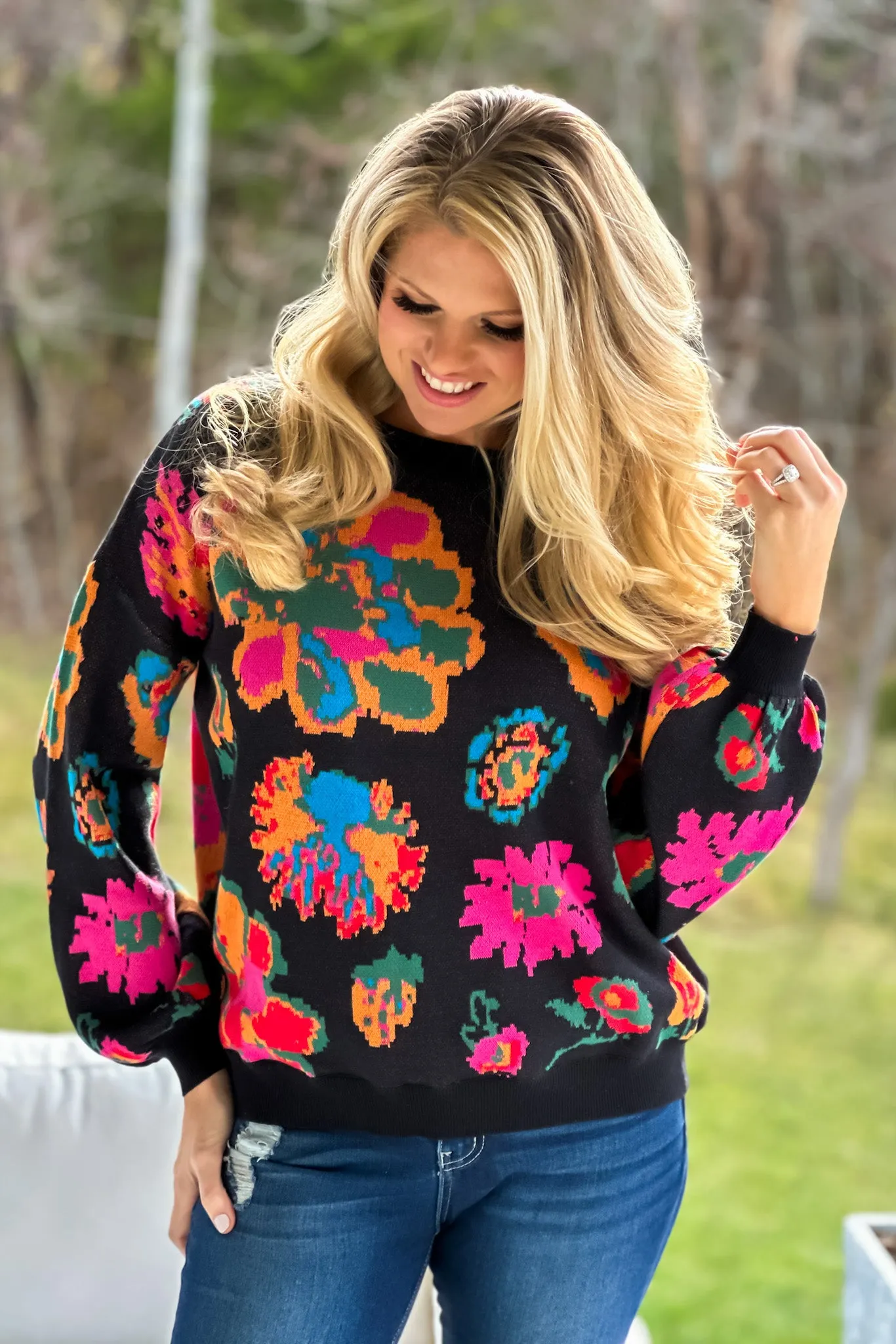 Get Happy Floral Bubble Sleeve Sweater : Black/Multi