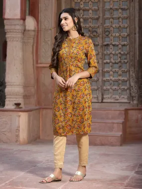 Juniper Mustard Floral Printed Muslin Kurta With Tassels & A Pleat At Front