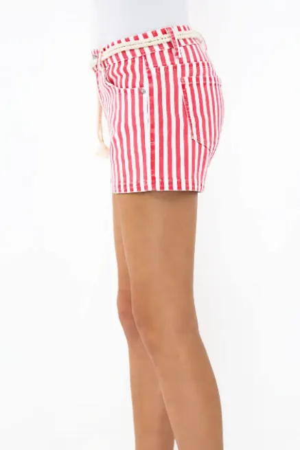 Nautical stripe mid rise rope belt shorts