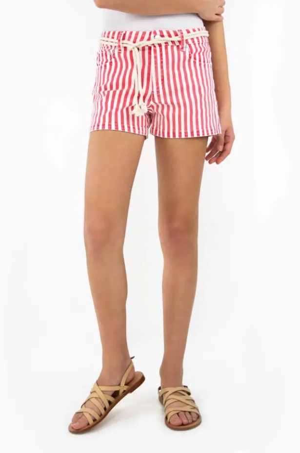 Nautical stripe mid rise rope belt shorts