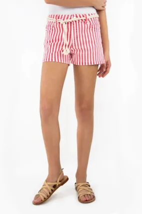 Nautical stripe mid rise rope belt shorts