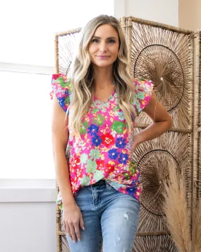 NEW! Millie Fuchsia Floral V Neck Ruffle Top