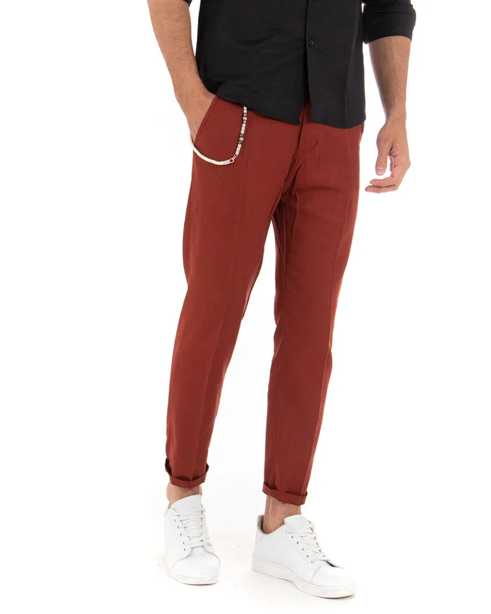 Pantaloni Uomo Lino Tasca America Abbottonatura Allungata Classico Elegante Mattone GIOSAL-P5256A