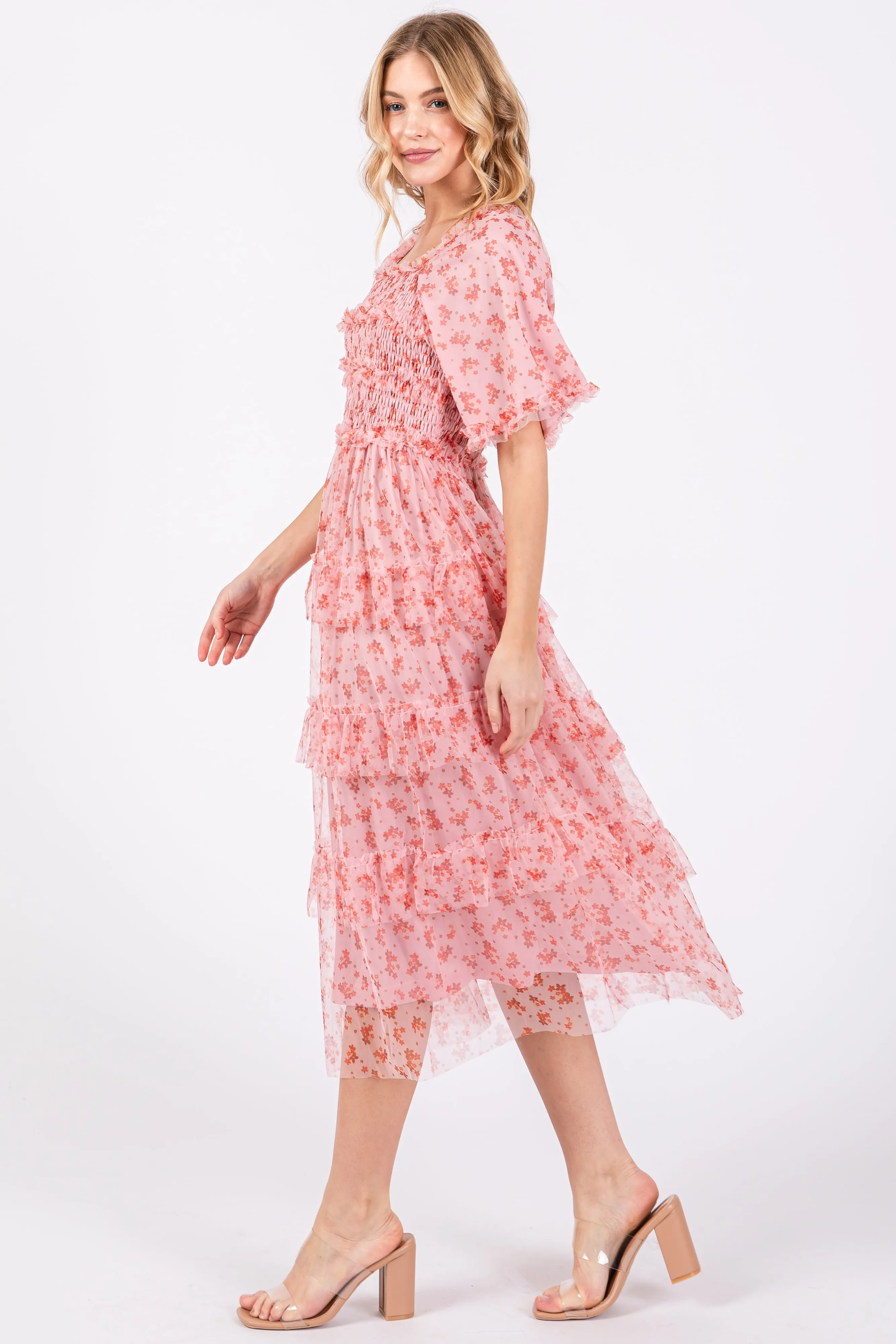 Pink Floral Tulle Smocked Ruffle Tiered Midi Dress