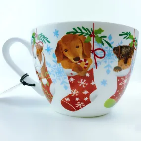 Portobello By Design 'Warm Wishes' Puppy In Christmas Stocking Bone China XL Coffee Mug Tea Cup 20 oz