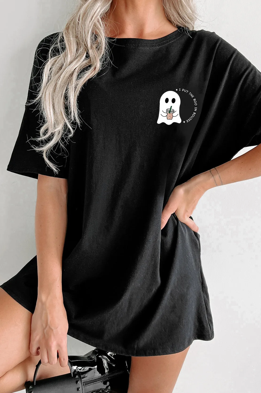 "Boo In Boujee" Oversized Graphic T-Shirt Dress (Black) - Print On Demand