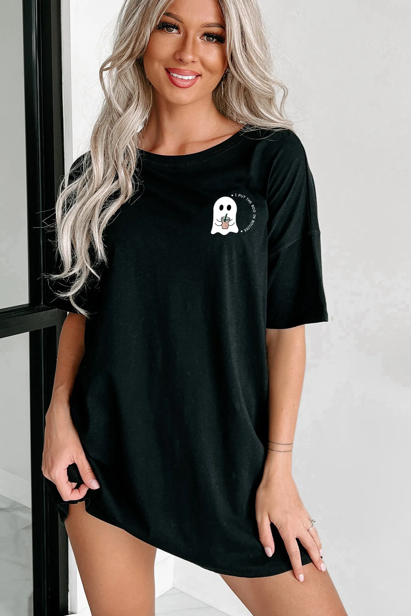 "Boo In Boujee" Oversized Graphic T-Shirt Dress (Black) - Print On Demand