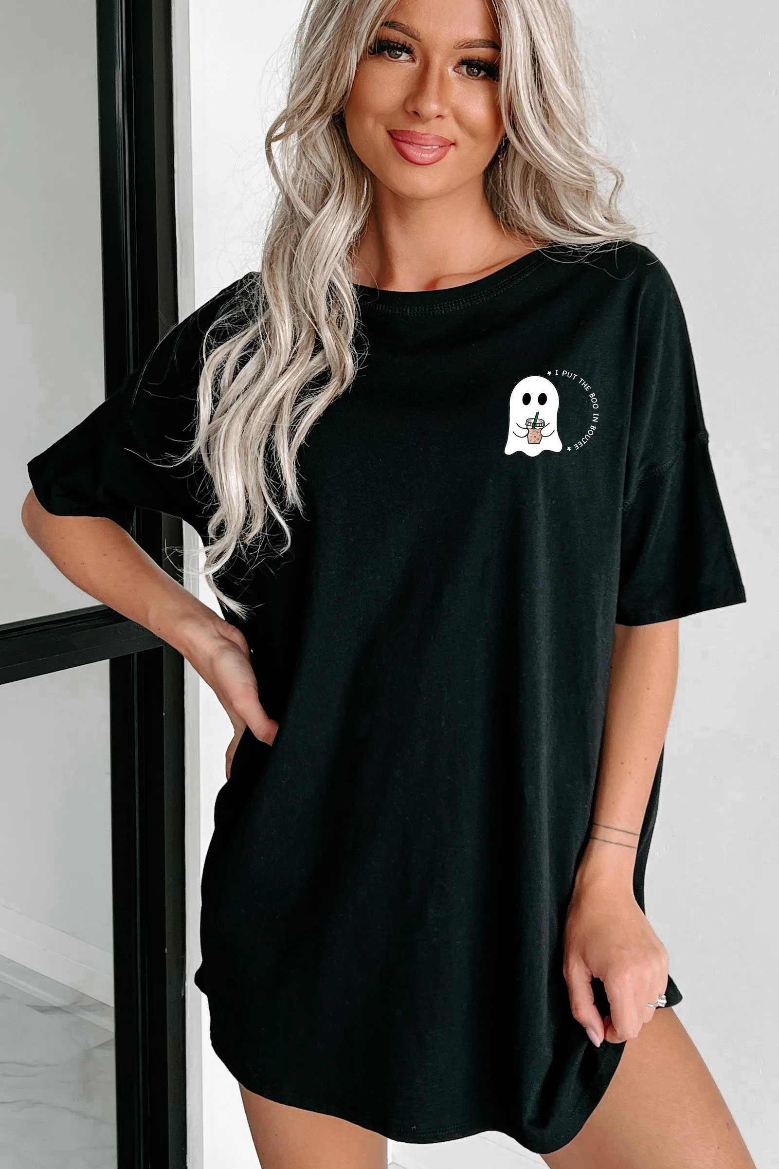 "Boo In Boujee" Oversized Graphic T-Shirt Dress (Black) - Print On Demand