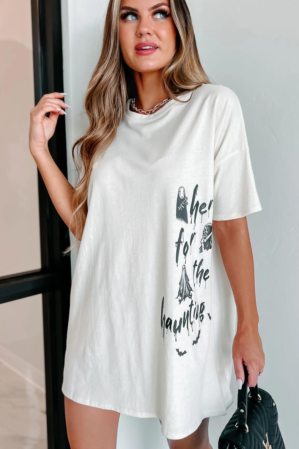 "Here For The Haunting" Oversized Graphic T-Shirt Dress (Vanilla) - Print On Demand