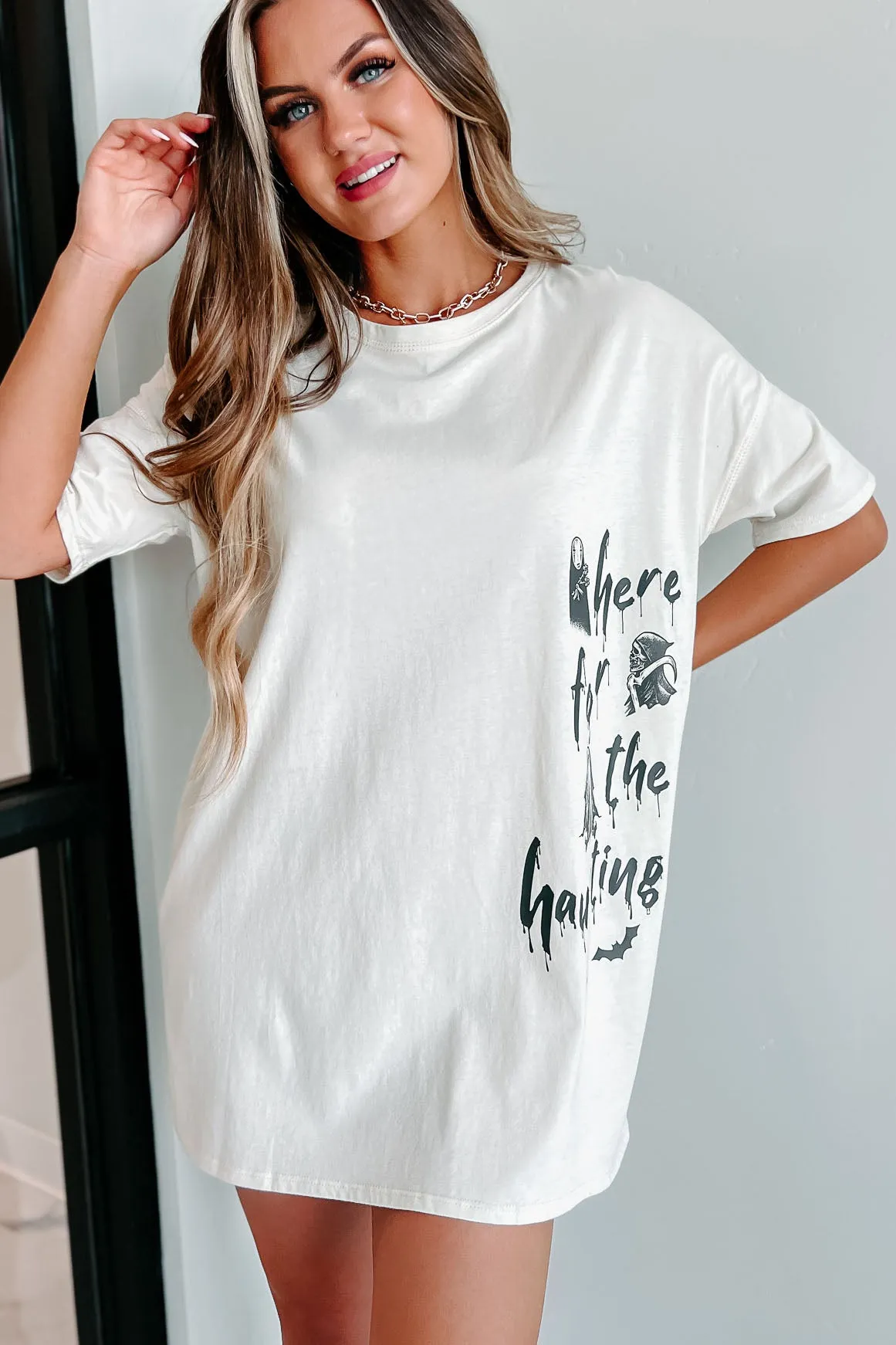 "Here For The Haunting" Oversized Graphic T-Shirt Dress (Vanilla) - Print On Demand