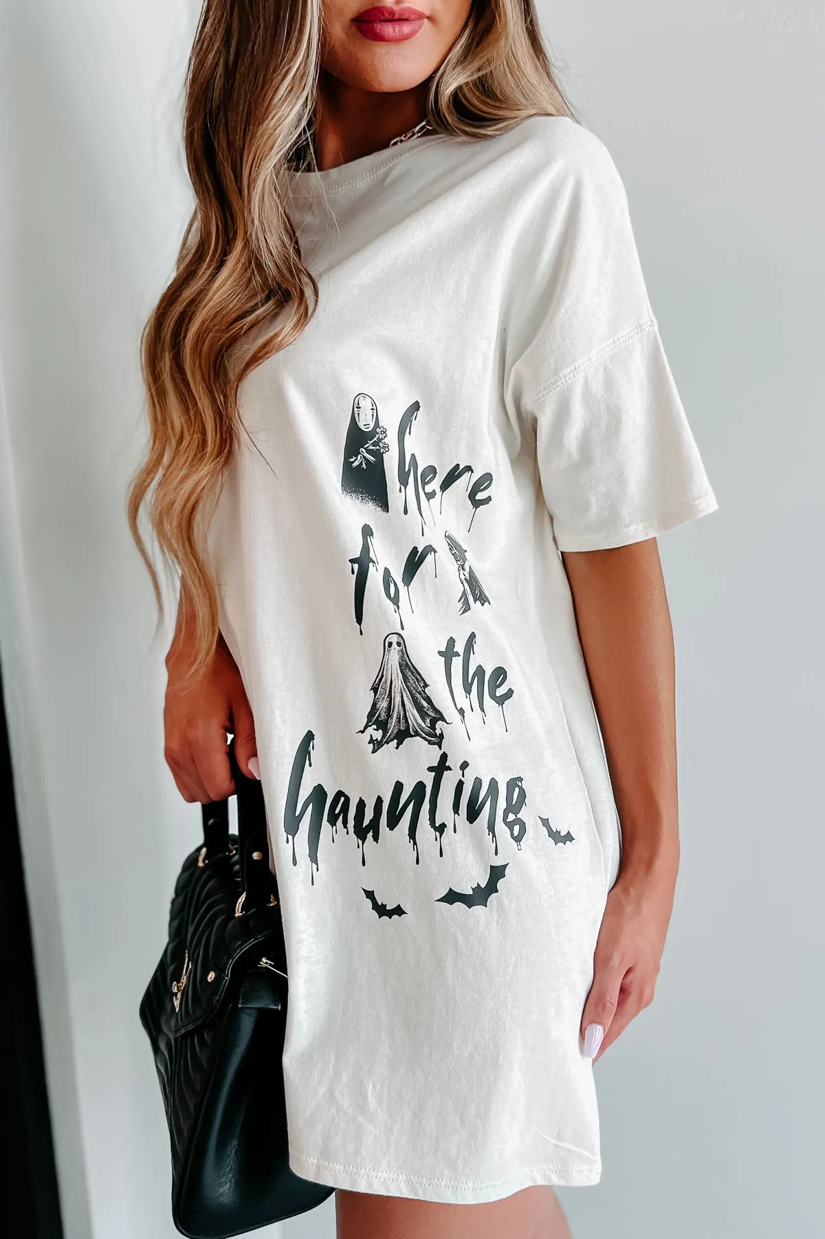 "Here For The Haunting" Oversized Graphic T-Shirt Dress (Vanilla) - Print On Demand