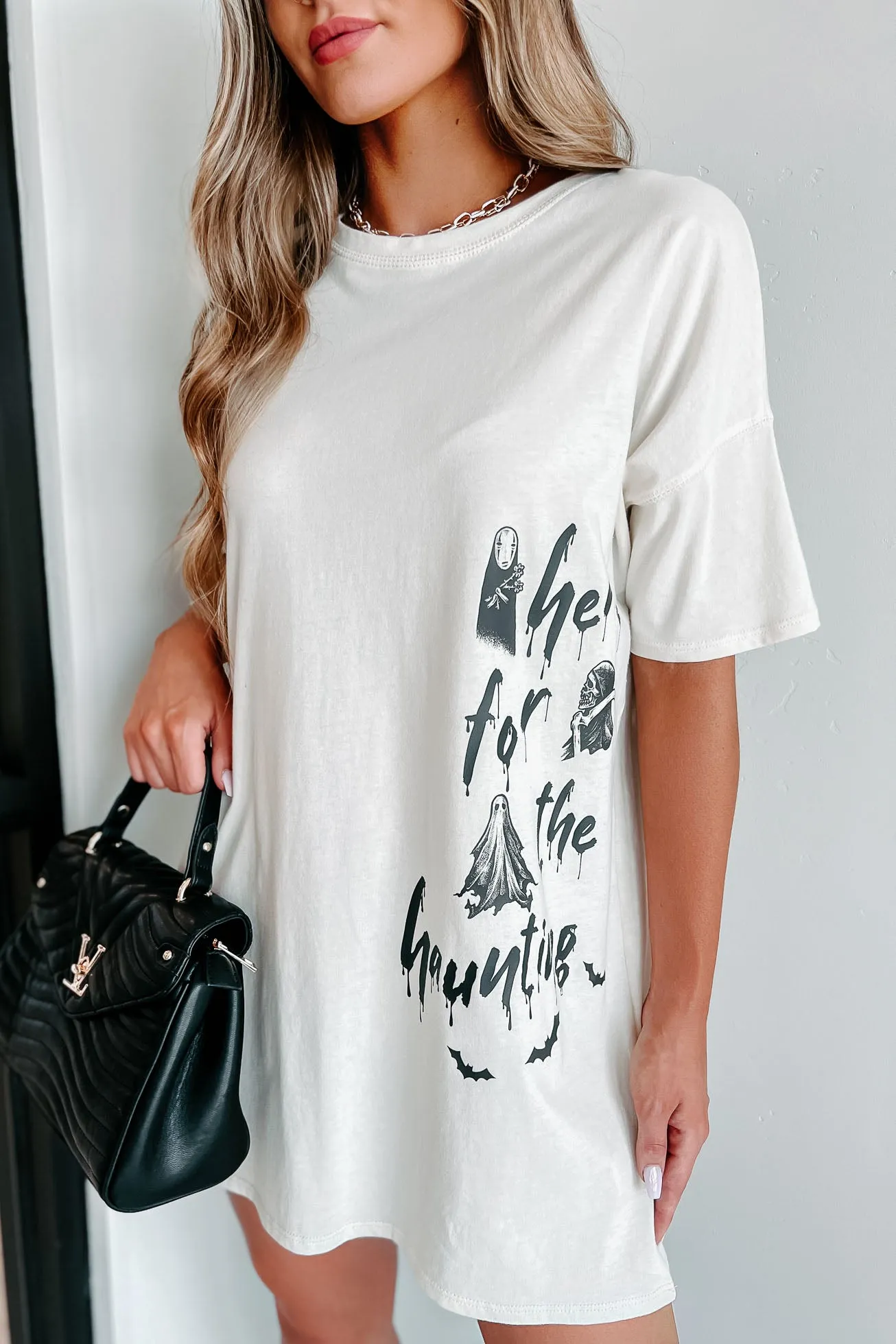 "Here For The Haunting" Oversized Graphic T-Shirt Dress (Vanilla) - Print On Demand