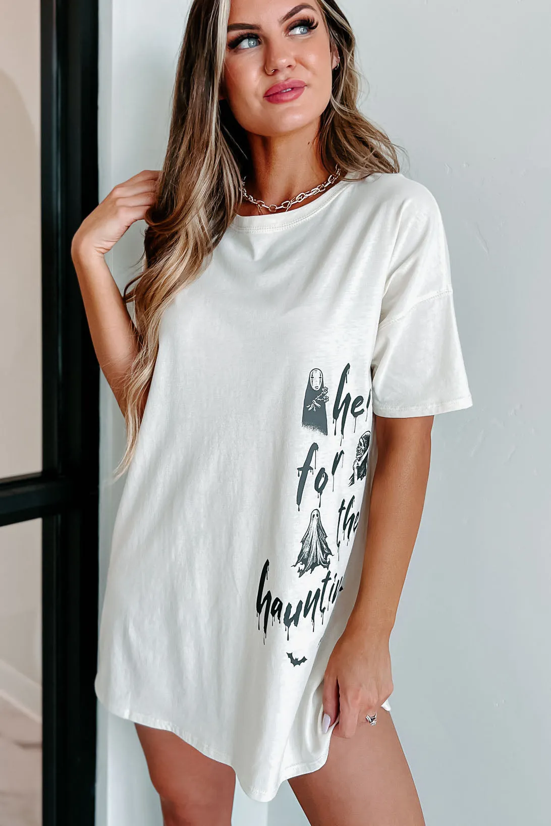 "Here For The Haunting" Oversized Graphic T-Shirt Dress (Vanilla) - Print On Demand