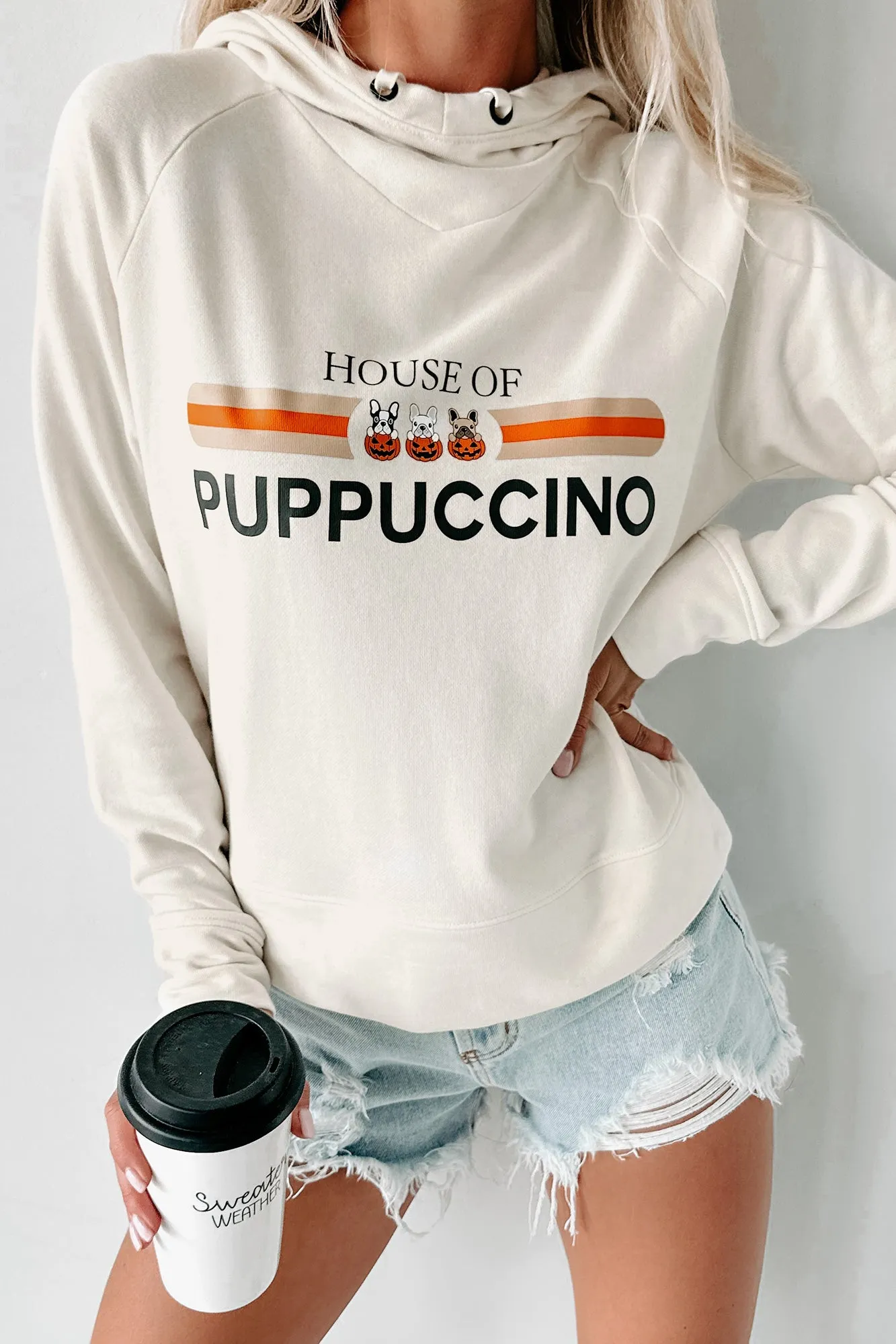 "House Of Puppuccino" Cowl Neck Graphic Hoodie (Ecru) - Print On Demand