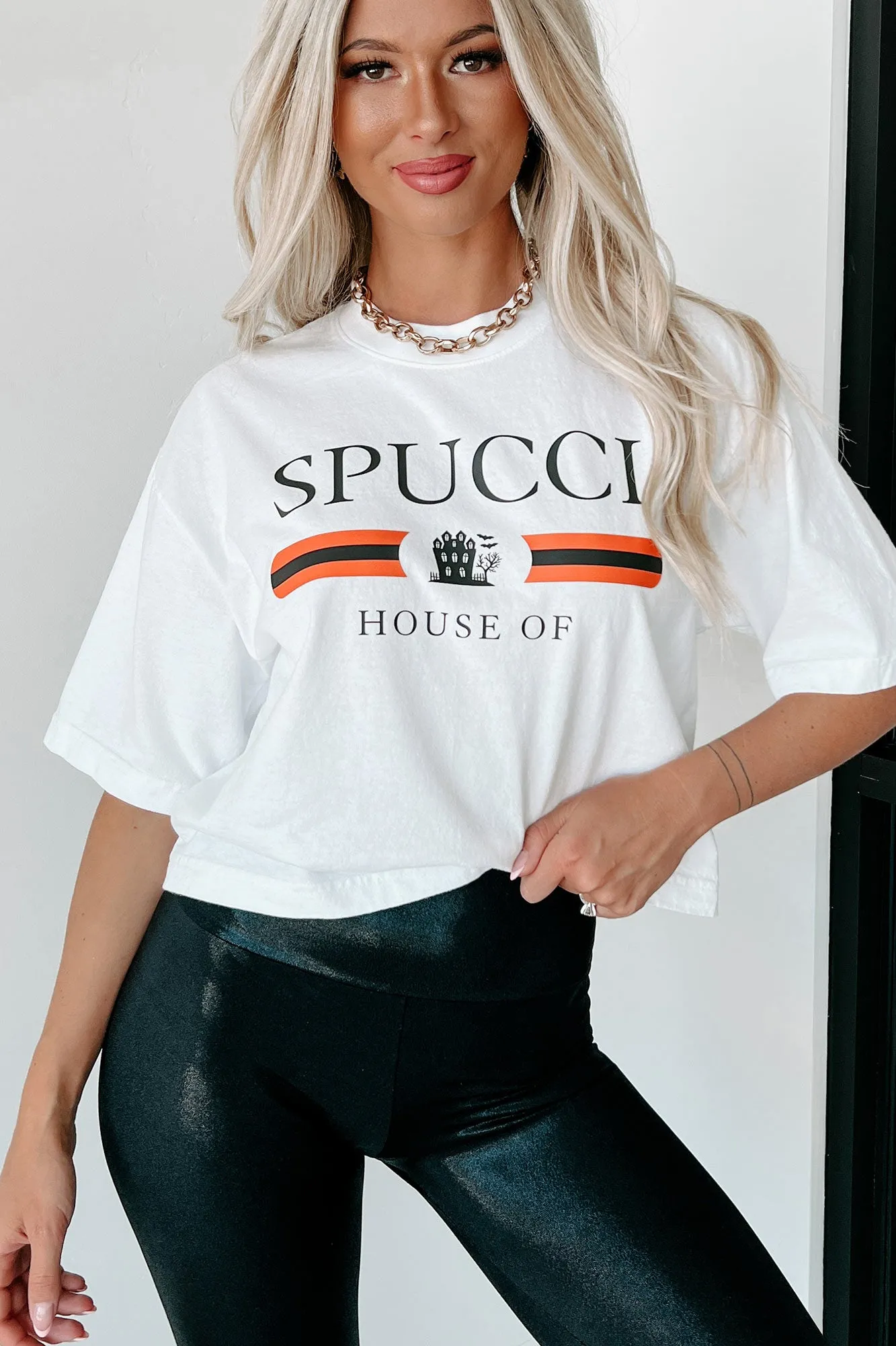 "House Of Spucci" Oversized Graphic Crop Tee (White) - Print On Demand