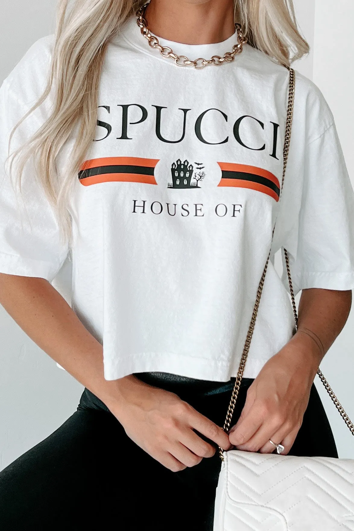 "House Of Spucci" Oversized Graphic Crop Tee (White) - Print On Demand