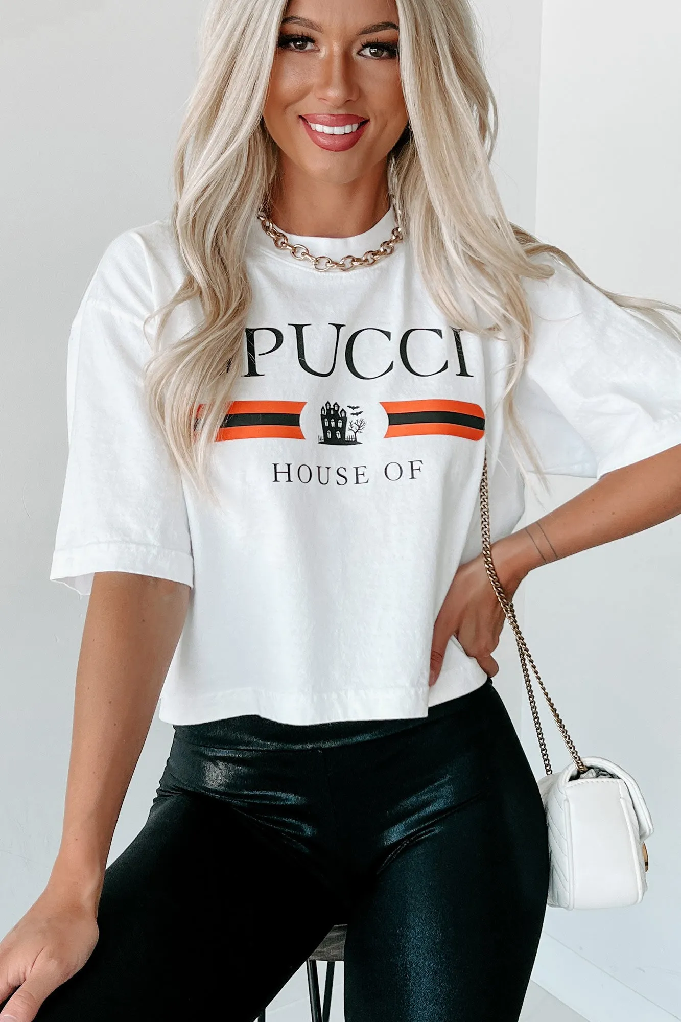 "House Of Spucci" Oversized Graphic Crop Tee (White) - Print On Demand