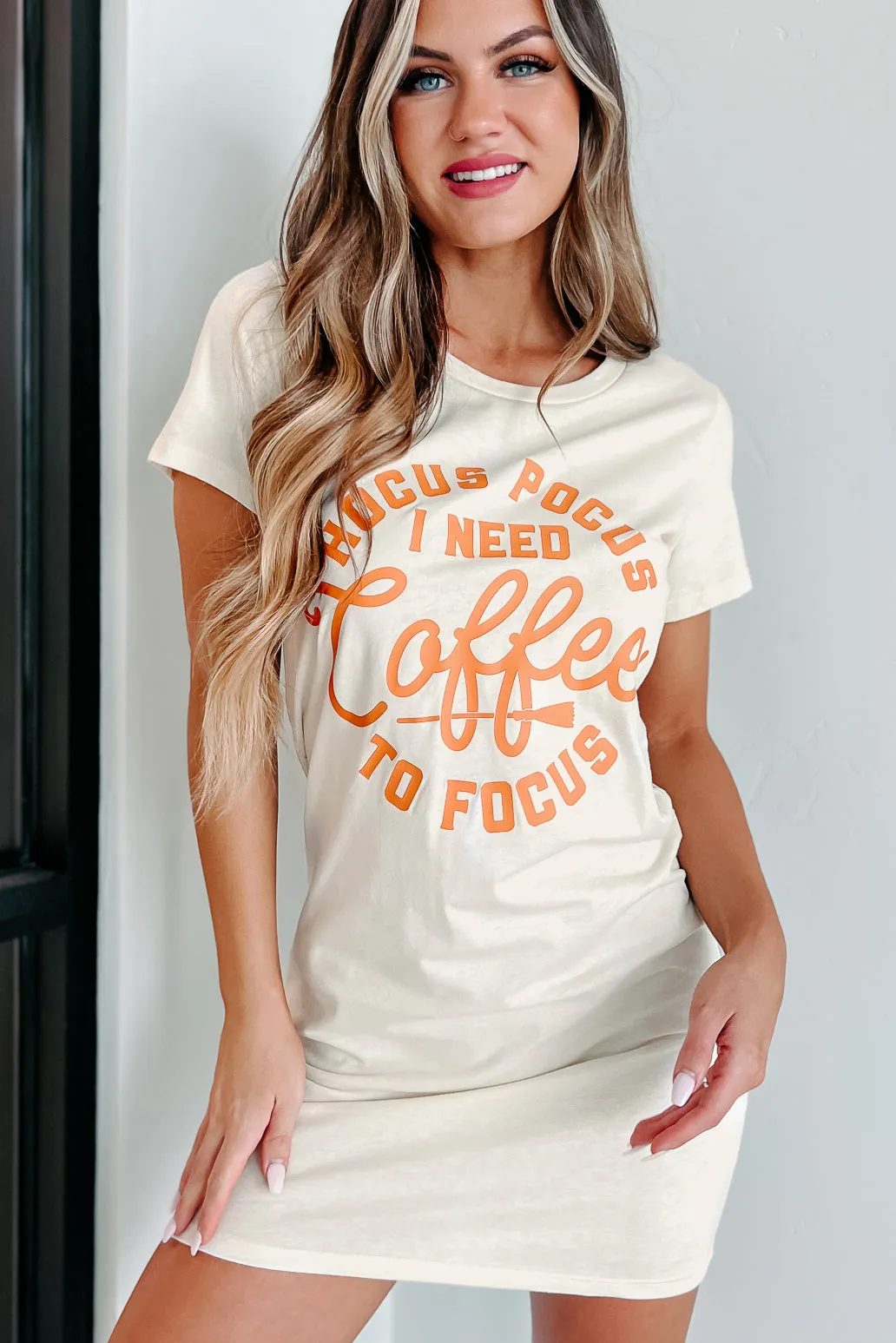 "I Need Coffee To Focus" Graphic T-Shirt Dress (Cream) - Print On Demand