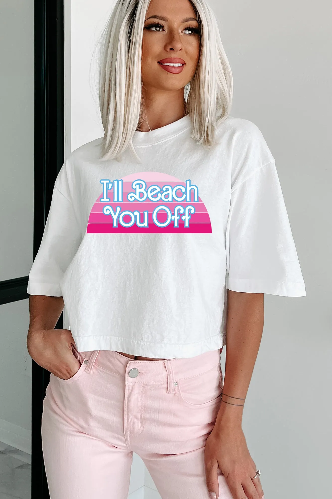 "I'll Beach You Off" Oversized Graphic Crop Tee (White) - Print On Demand