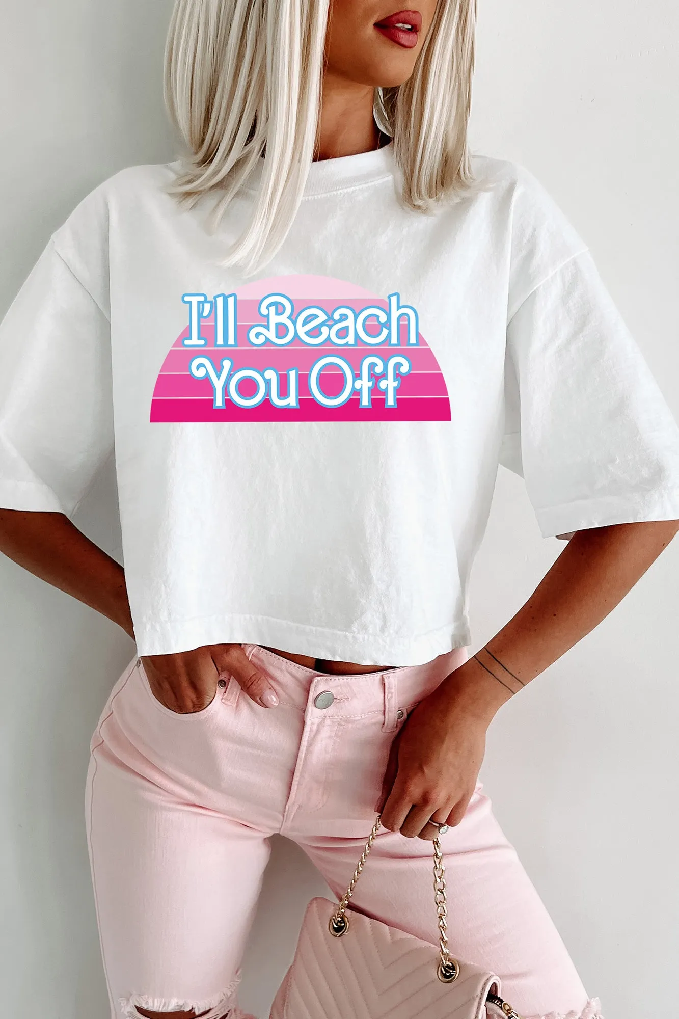 "I'll Beach You Off" Oversized Graphic Crop Tee (White) - Print On Demand