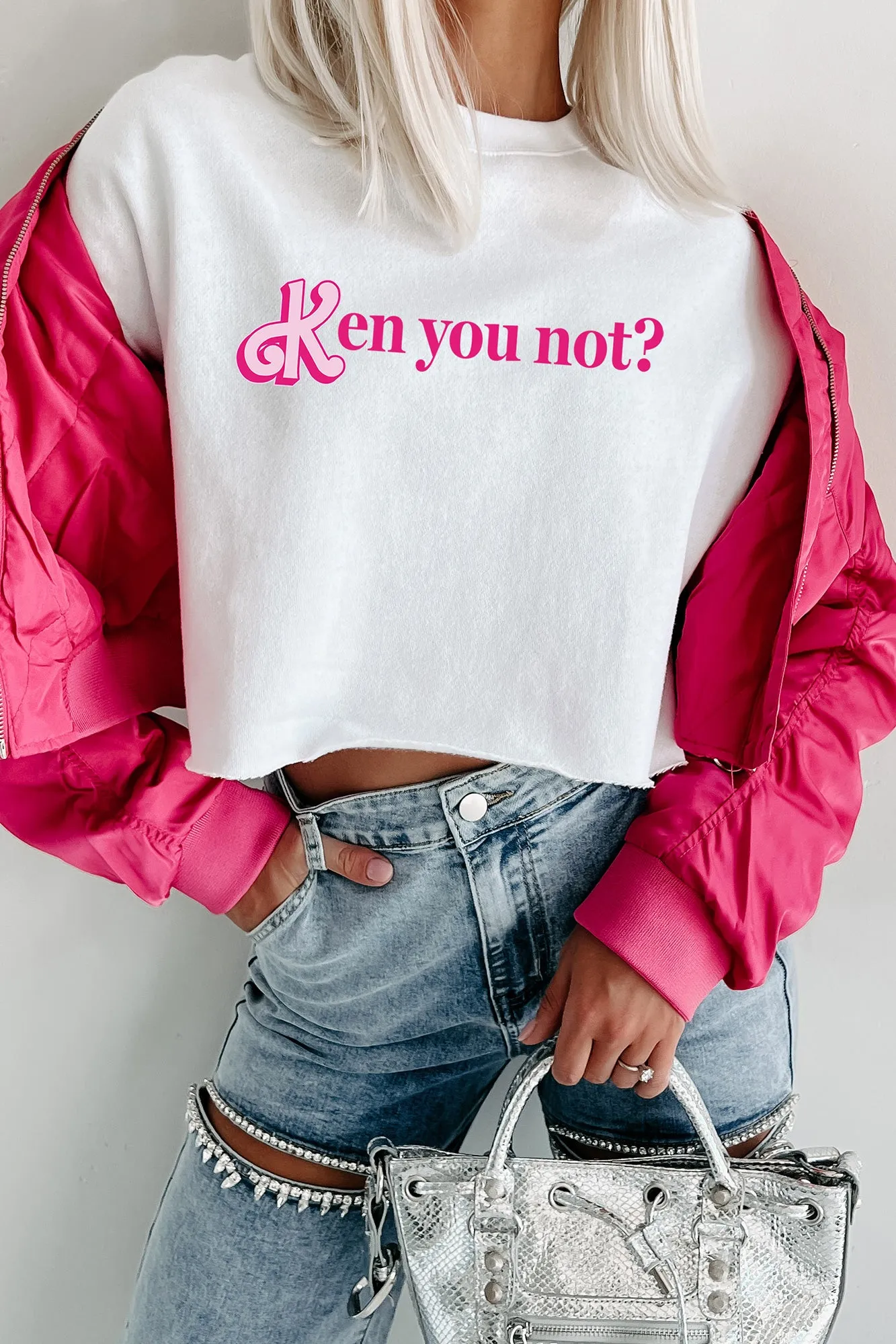 "Ken You Not?" Raw Hem Crop Graphic Crewneck (White) - Print On Demand