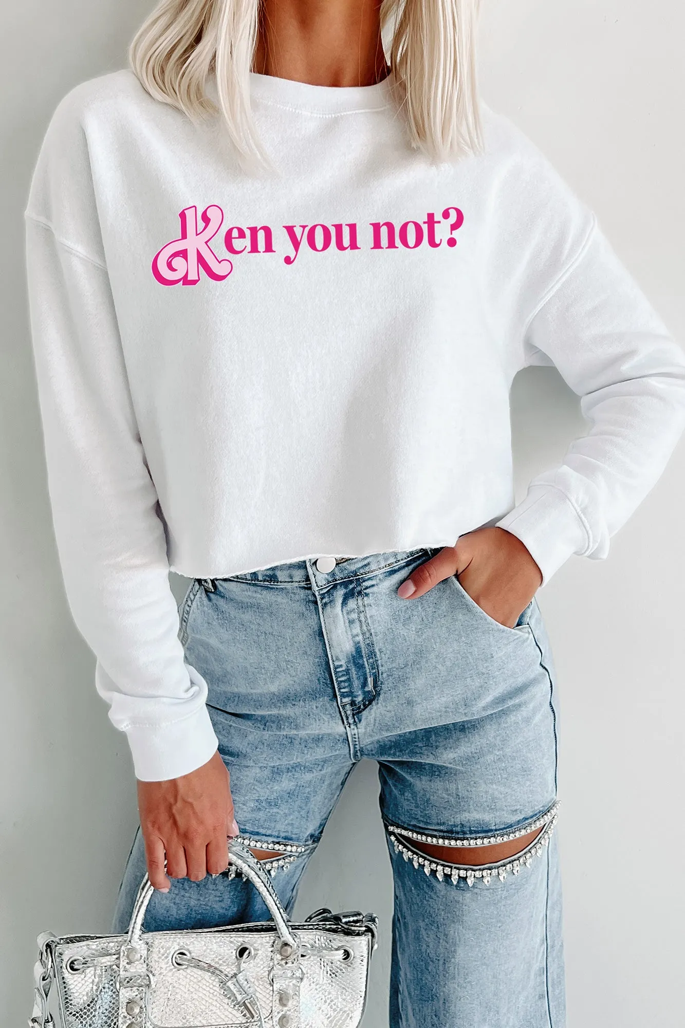 "Ken You Not?" Raw Hem Crop Graphic Crewneck (White) - Print On Demand