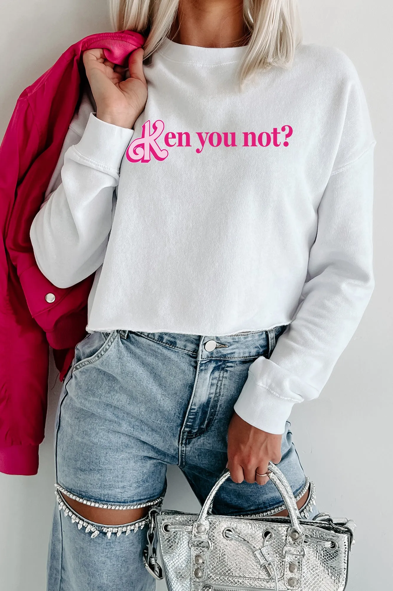 "Ken You Not?" Raw Hem Crop Graphic Crewneck (White) - Print On Demand