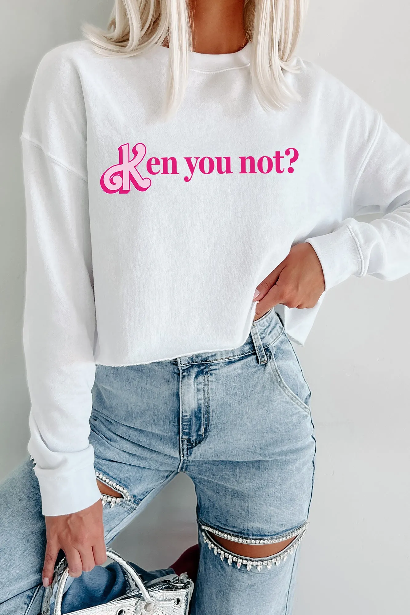 "Ken You Not?" Raw Hem Crop Graphic Crewneck (White) - Print On Demand