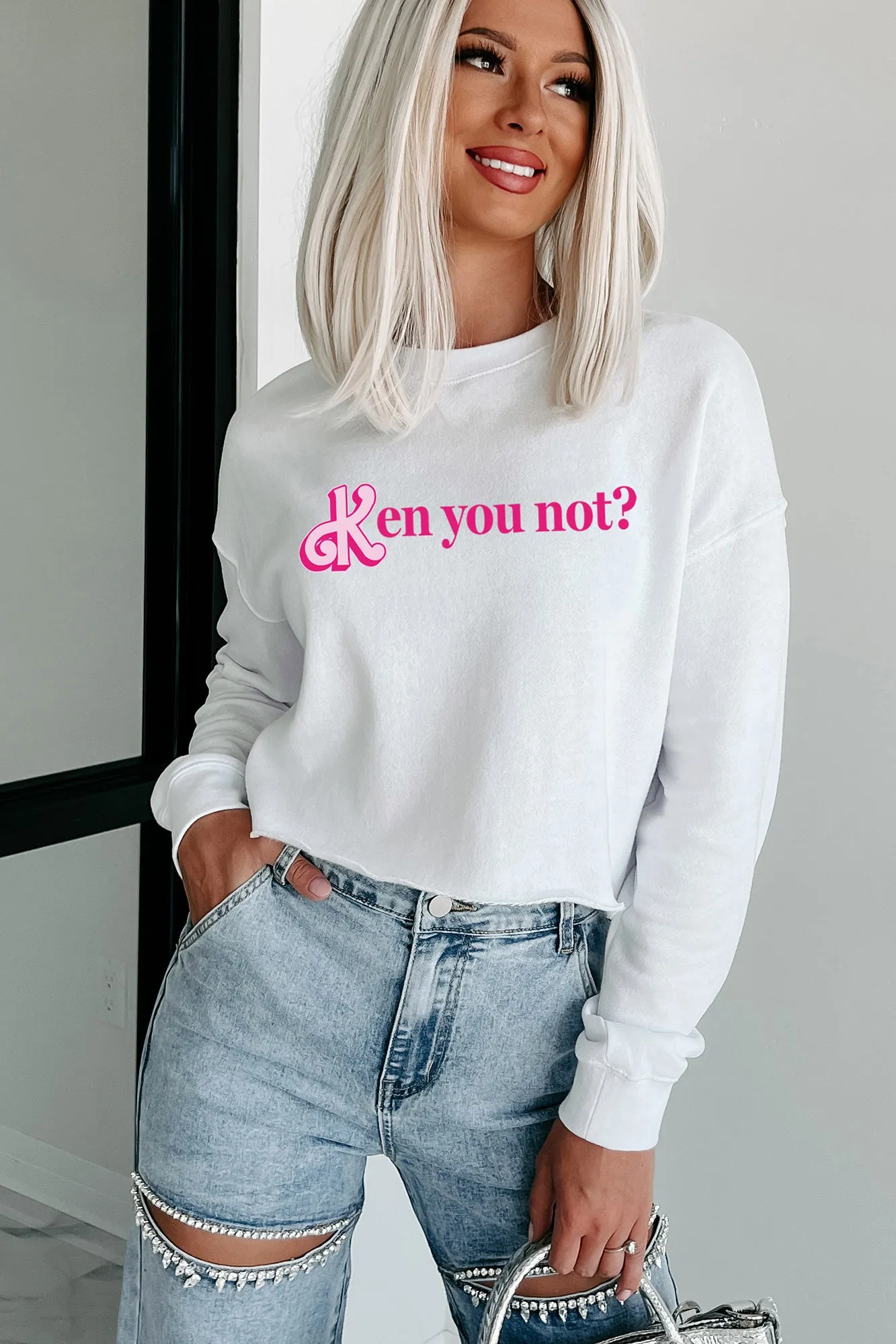 "Ken You Not?" Raw Hem Crop Graphic Crewneck (White) - Print On Demand