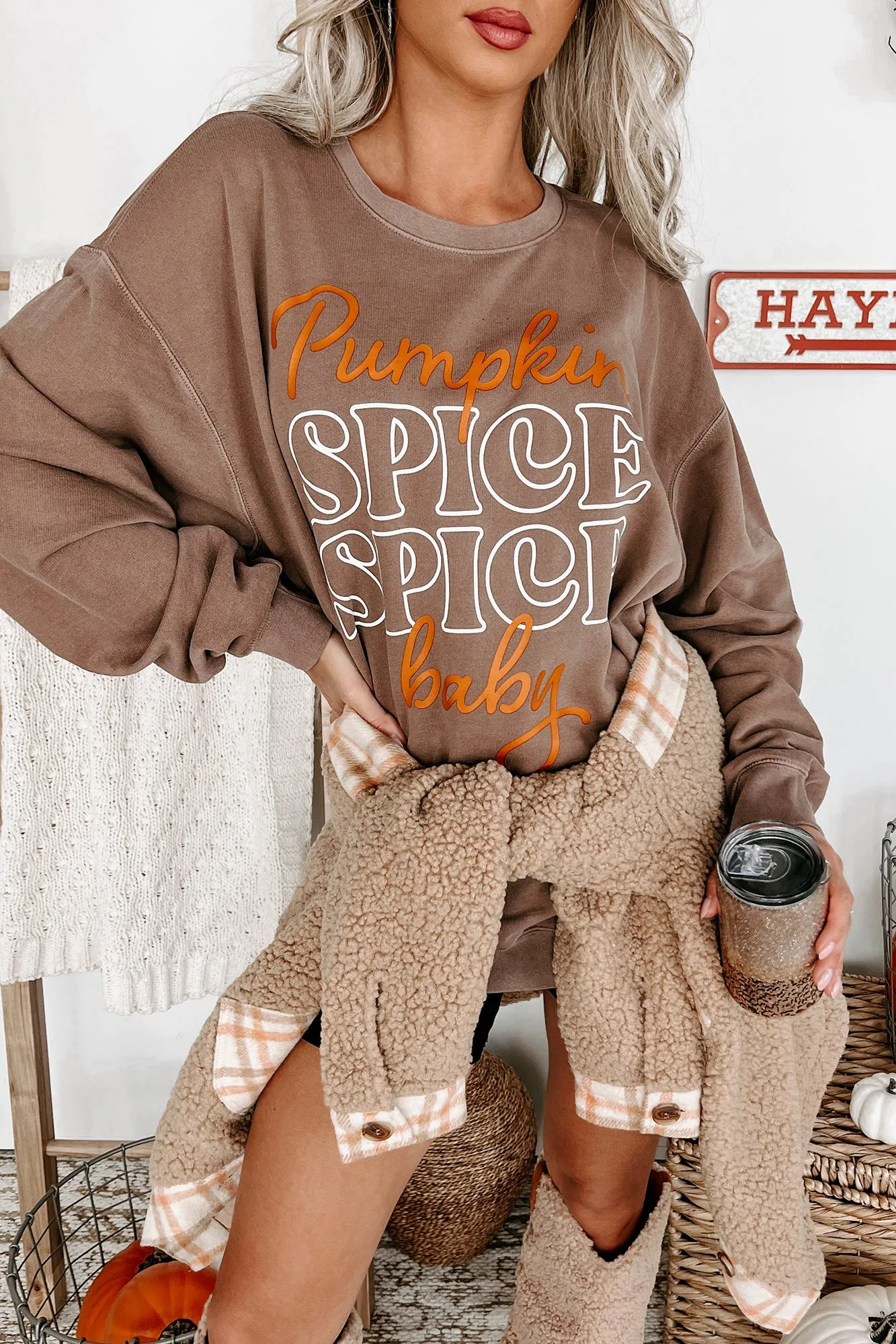 "Pumpkin Spice, Spice Baby" Lightweight Graphic Crewneck (Espresso) - Print On Demand