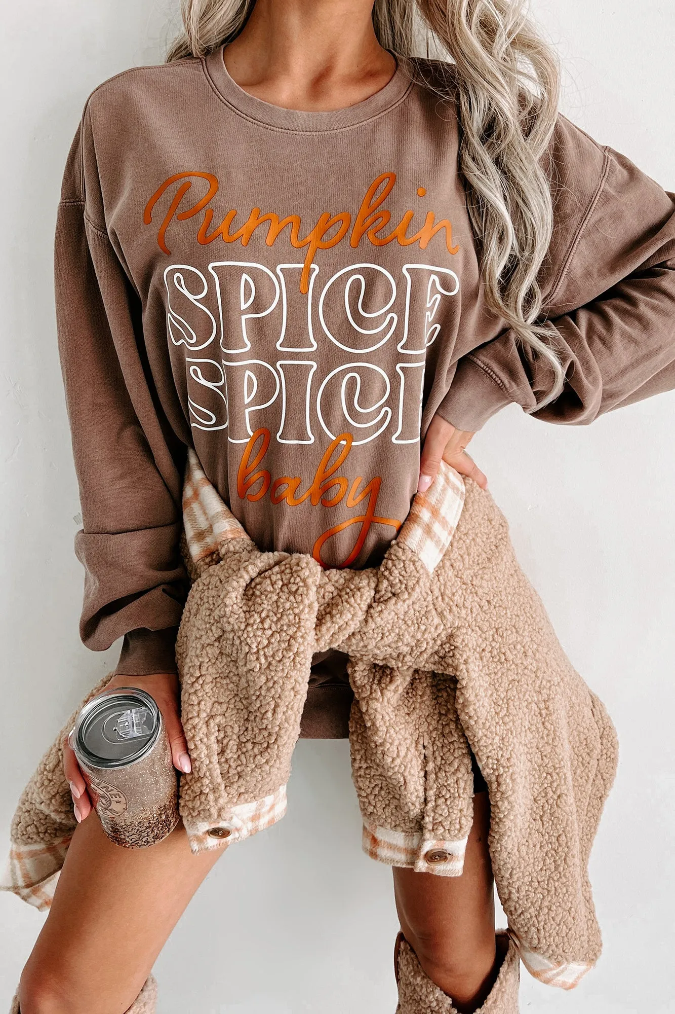 "Pumpkin Spice, Spice Baby" Lightweight Graphic Crewneck (Espresso) - Print On Demand